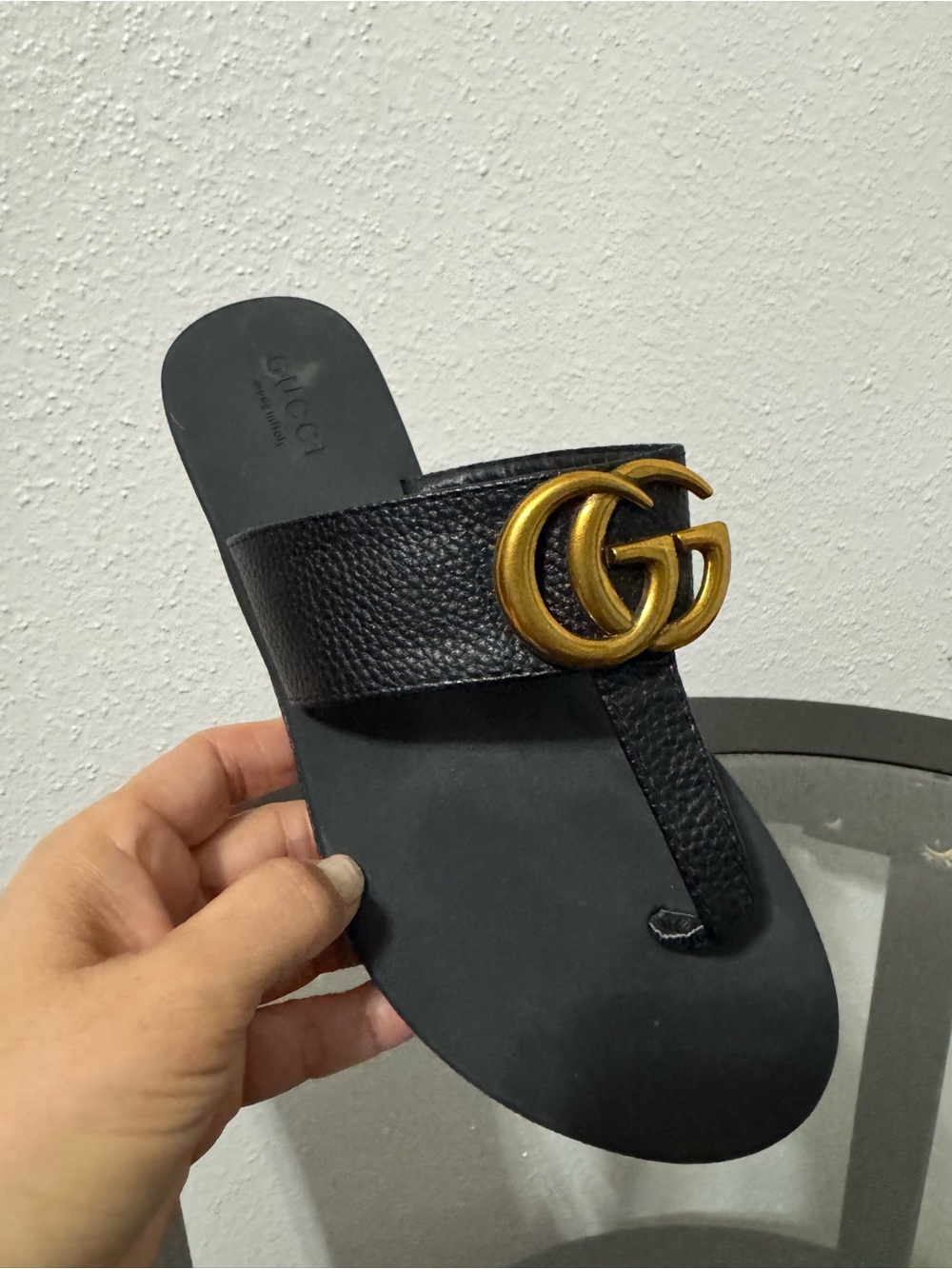 Black Leather Thong Slide with Gold